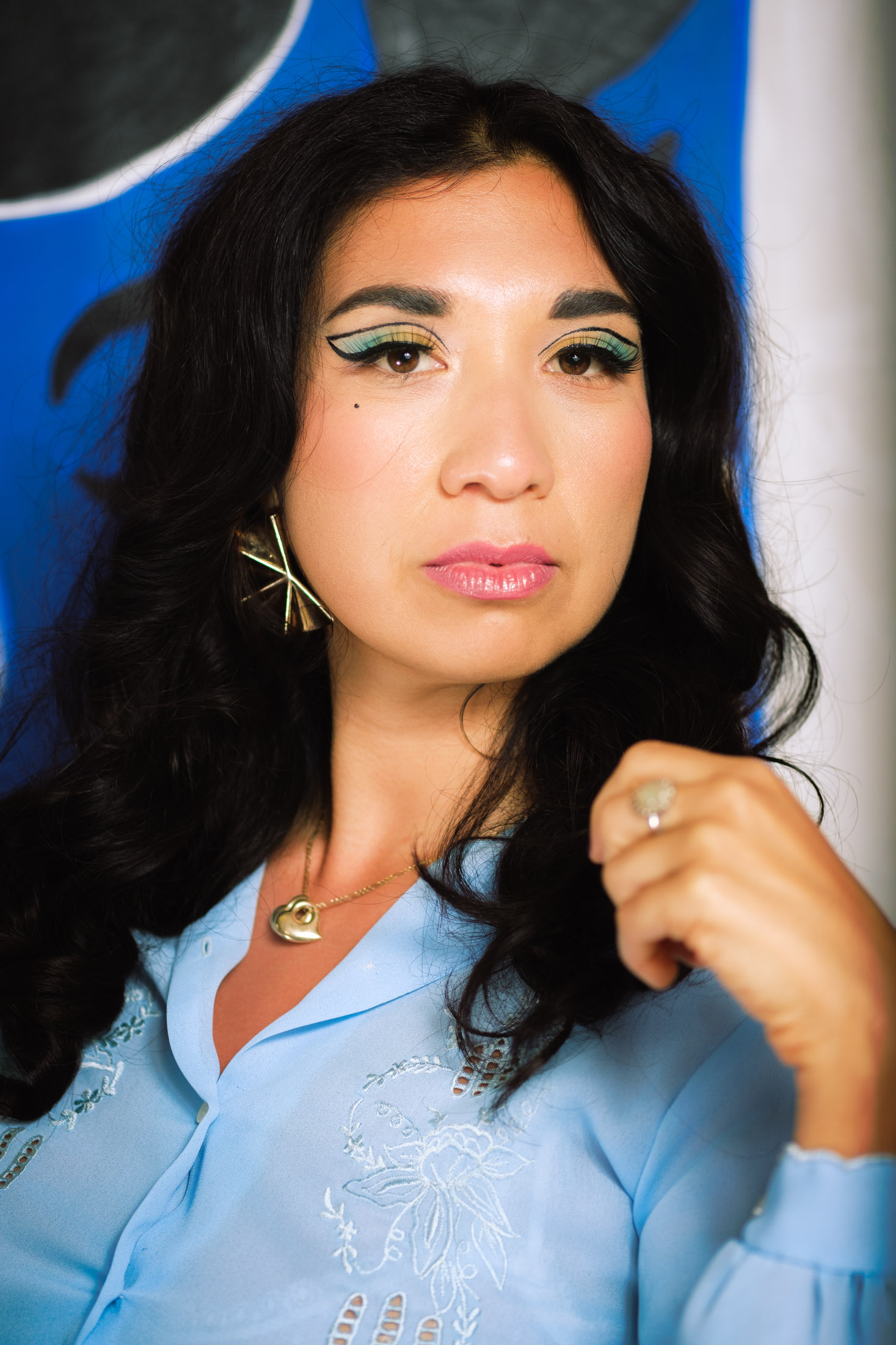 Close-up of Ruby Mountain in vintage clothing, in Oakland.