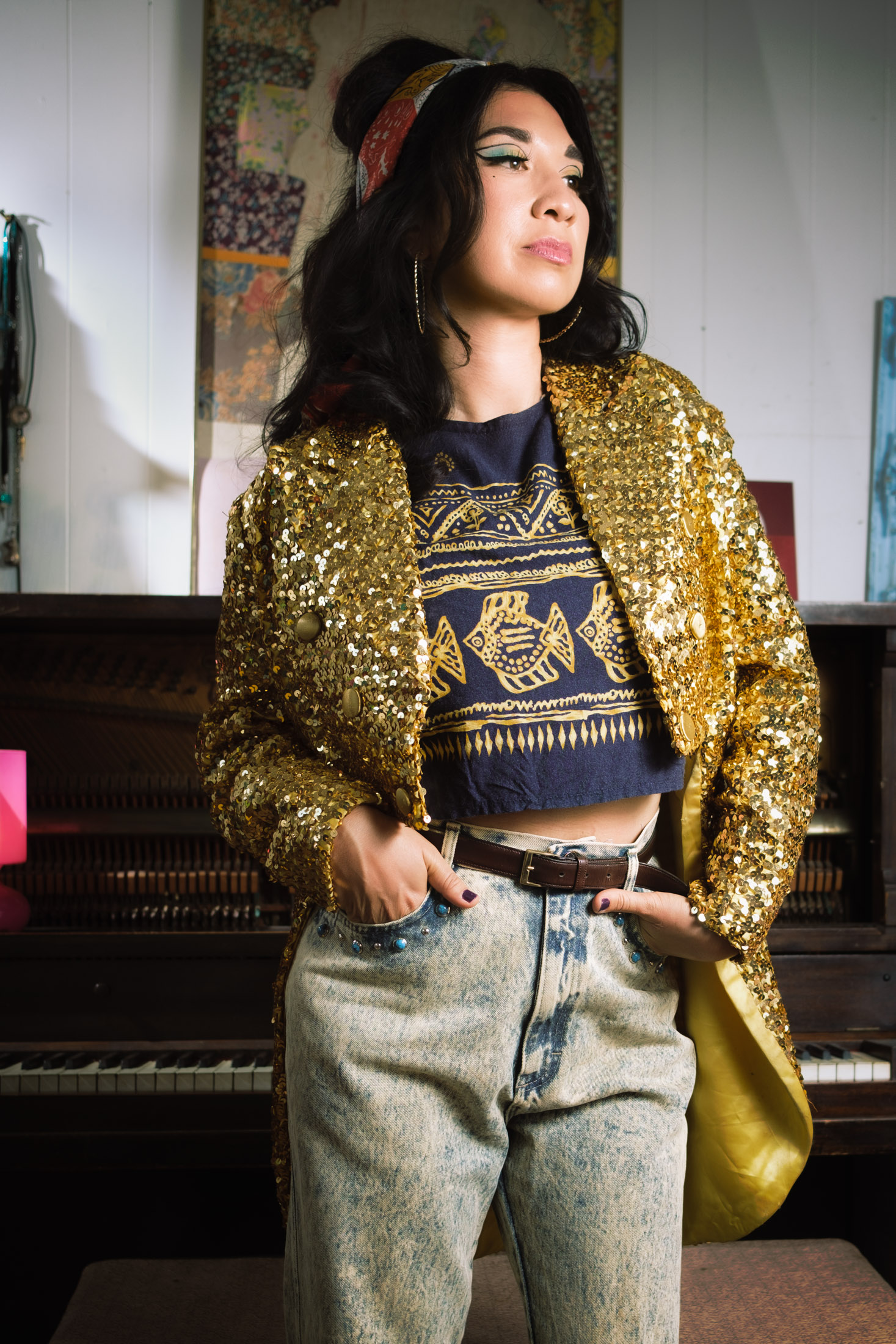 Ruby Mountain in vintage attire, singer portrait in Oakland.