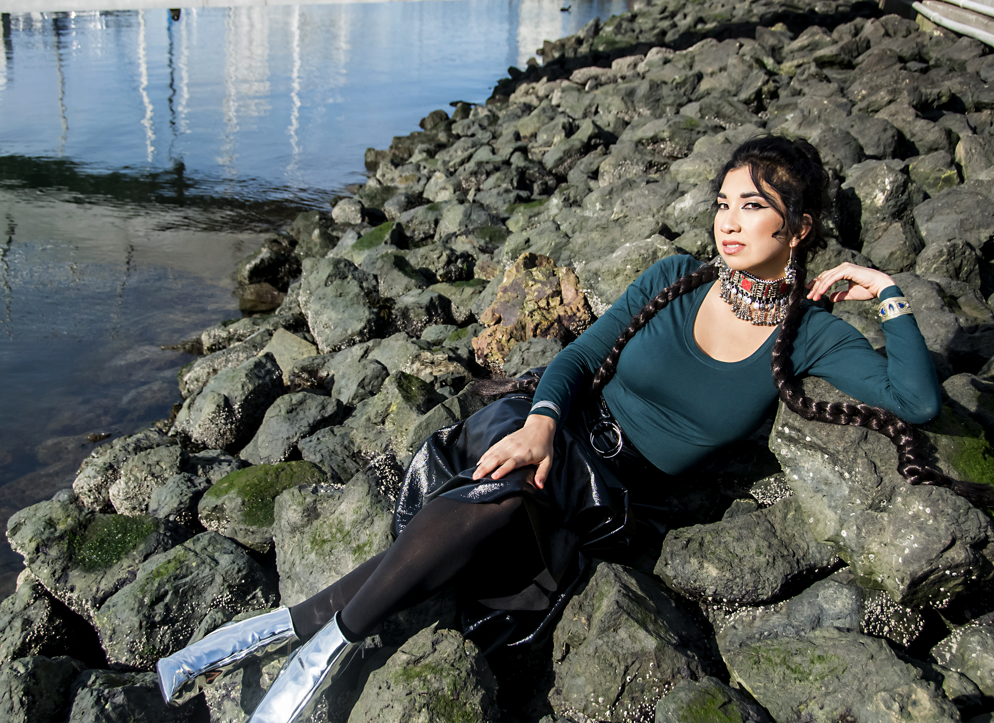 Ruby Mountain in bold Afghan fashion, representing her identity as a singer in Oakland.