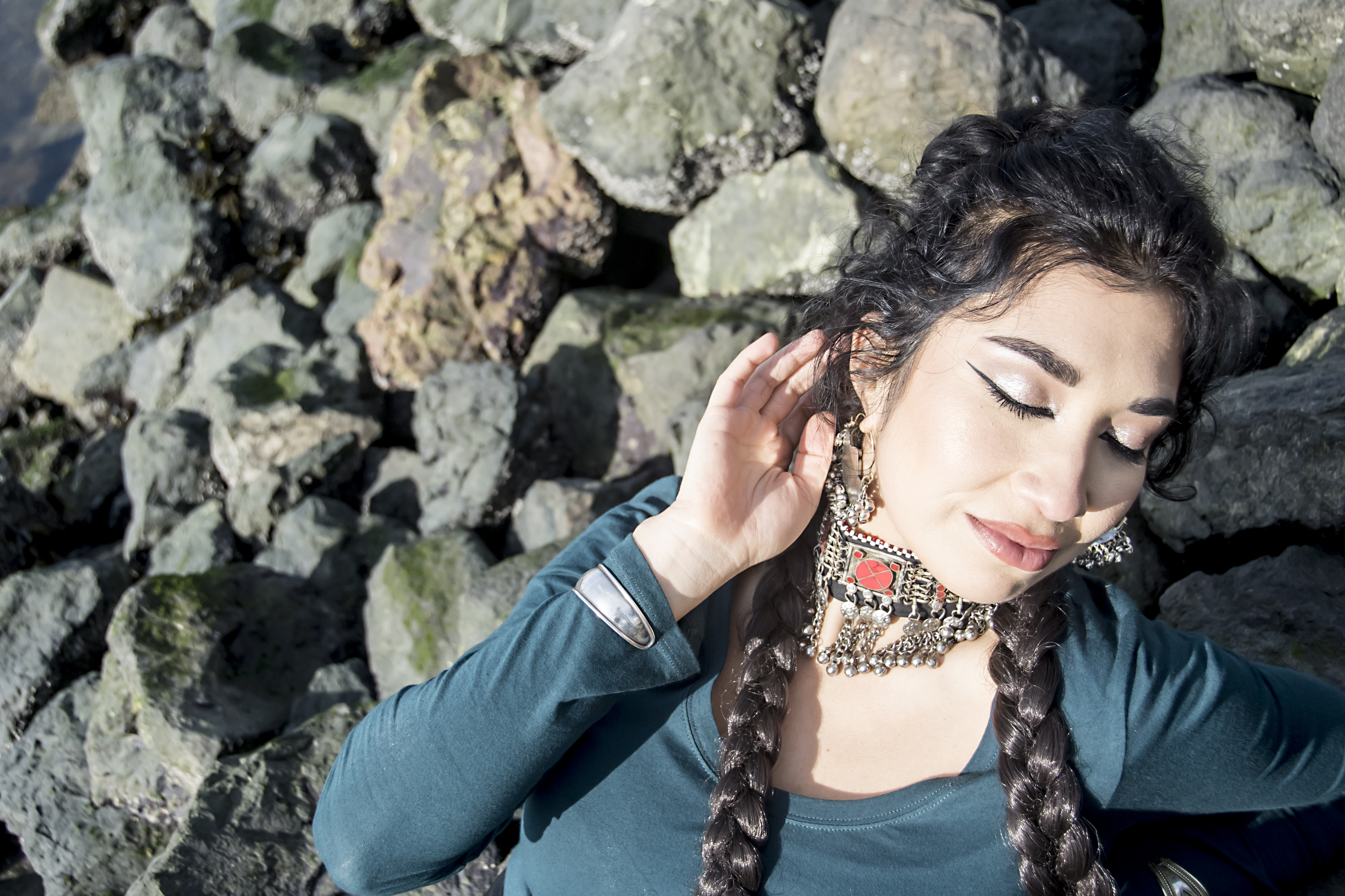 Singer Ruby Mountain wearing Afghan-inspired couture with a modern twist in Oakland.